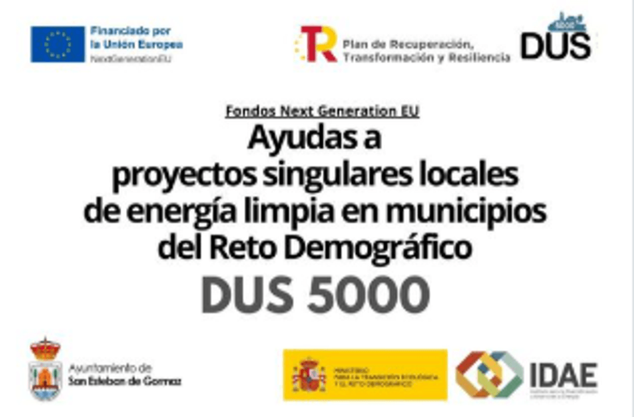 Cartel del programa DUS 5000 en San Esteban de Gormaz, financiado por la Unión Europea NextGenerationEU